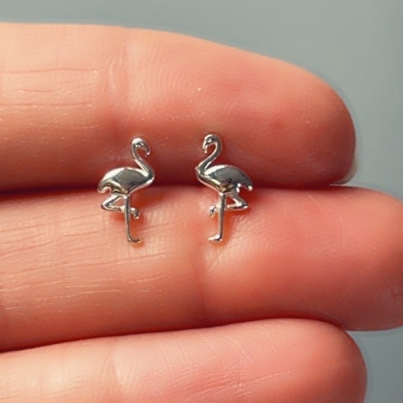 Sterling Silver Flamingo Tiny Stud Earrings - Picture 8 of 11